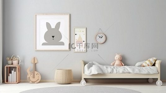 当代斯堪的纳维亚风格的室内装饰与儿童房空白相框的 3D 渲染