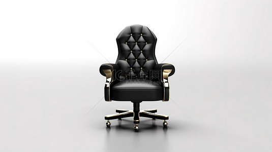 白色背景，带有装饰着金色皇冠的黑色皮革老板椅的 3D 渲染