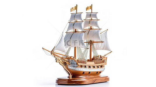 老式高帆船卡拉维尔海盗船或军舰，白色背景 3D 渲染上带有金奖奖杯