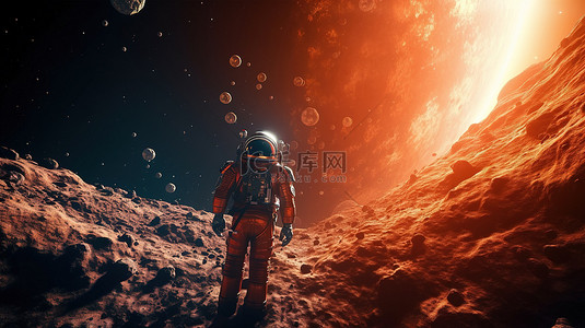 山抽象背景背景图片_使用 3D 渲染创建的抽象科幻小说宇航员和深空系外行星