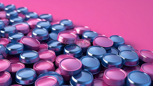 双色调风格的蓝色啤酒瓶落在使用 3D 渲染技术创建的充满活力的粉红色背景上