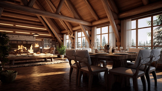 3D 小木屋插图中的简约餐厅