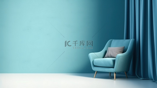 现代室内装饰，配有蓝色织物扶手椅和空蓝墙 3D 渲染