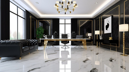 企业经典背景图片_现代办公空间的 3D 渲染，配有白色办公桌和经典风格的黑色大理石地板