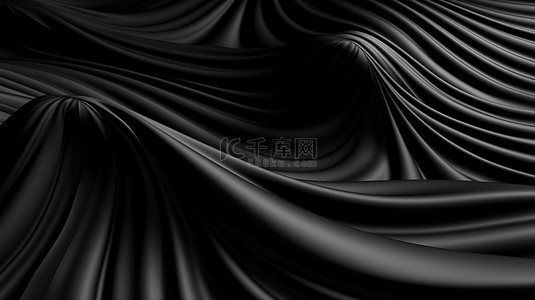 黑色背景的优雅 3D 渲染，装饰着褶皱窗帘和漩涡