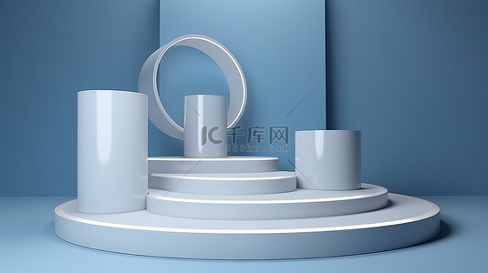 装饰艺术风格的 3D 场景，以蓝色和白色的产品展示台为特色