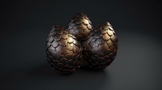 3 个龙蛋在中性灰色背景上进行 3D 渲染