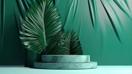 抽象绿色背景，带有 3D 渲染花岗岩讲台，具有阴影叶棕榈，非常适合化妆品展示和展示
