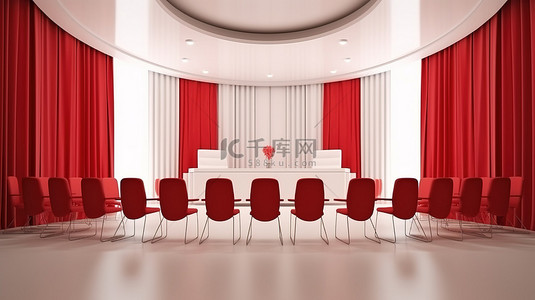 现代会议场地，配有引人注目的红色窗帘高架舞台和别致的白色红色座椅 3D 可视化