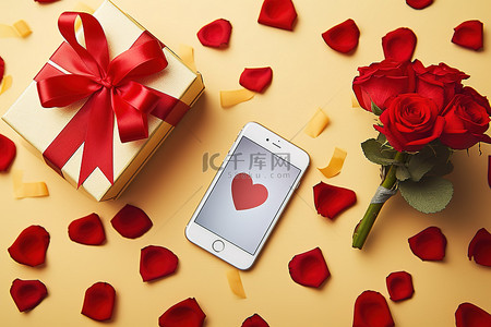 情人节花束中的红玫瑰心形盒子蝴蝶结和手机