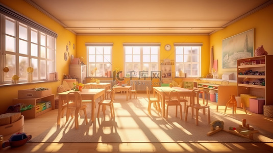 幼儿园散学典礼背景图片_3d 渲染中的空幼儿园教室