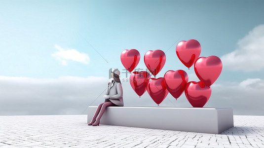 可爱的女人迷恋心形气球，躺在 3D 渲染的长凳上