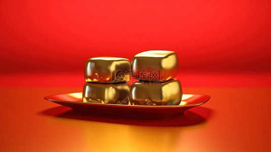 中国节日元素插图 3d 渲染红色背景上的古代金锭