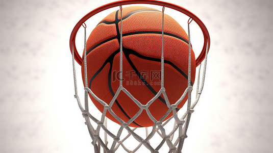 篮球灌篮 3d 渲染球在白色背景下穿过篮筐
