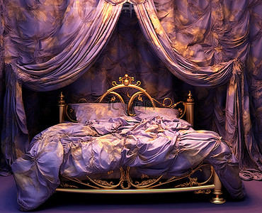 金色的床背景图片_床是紫色的，有金色的天篷