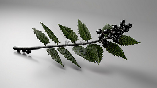 绿叶小植物背景图片_黑罗文小枝与茂盛树叶的 3d 渲染