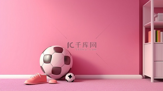 儿童足球背景图片_粉红色足球主题儿童房间的 3D 渲染