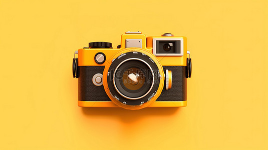 扁平风格插图背景图片_黄色背景上单独站立的老式相机的 3D 插图