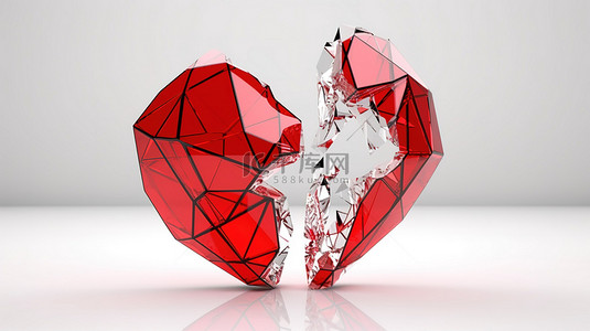 3D 渲染中白色背景上描绘离婚和爱情结束的线性破碎的心图标的插图