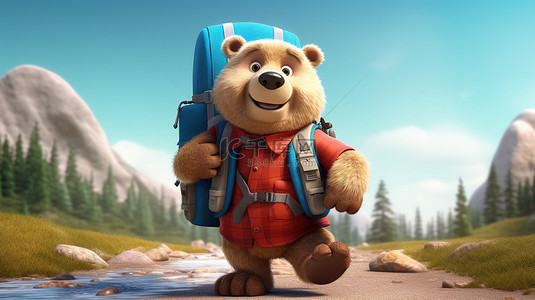 卡通熊背景图片_俏皮的背包客 3D 卡通熊人物