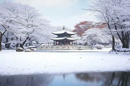 皇宫背景图片_首尔皇宫花园白色冰湖雪景