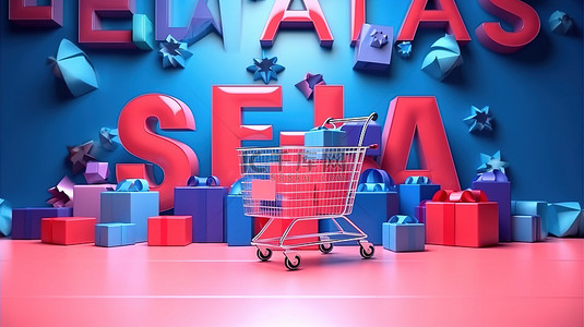 大型活动背景图片_商店入口处充满活力的红色和蓝色灯光的 3D 插图，上面有迷人的文字，宣布大型促销活动，并附有购物车和礼品