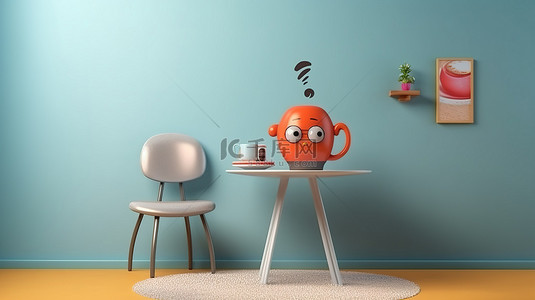 卡通工作区的自由 3D 插图，桌上有桌椅和咖啡杯，有充足的复制空间