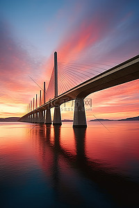 一座桥横跨水面，日落时天空美丽