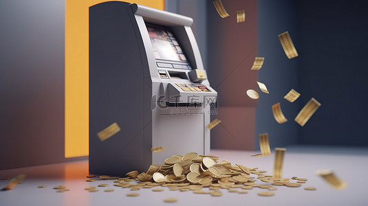 金风格背景图片_数字银行交易 3d atm 机用卡通风格的硬币和滑纸渲染