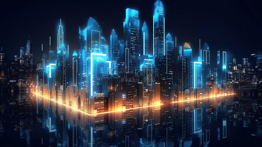未来科技城市景观在 3D 渲染的城市景观中发光智能建筑