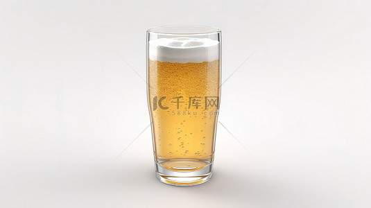 白色背景上清澈的水装啤酒杯的 3D 渲染