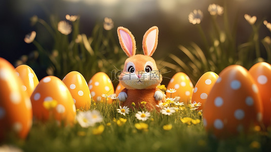 兔子耳朵背景图片_复活节兔子耳朵和雏菊装饰鸡蛋与复制空间的 3D 插图