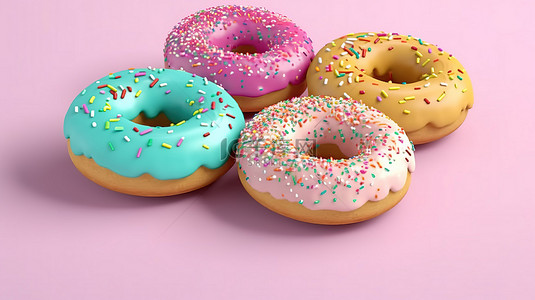 美食节背景图片_飞行的磨砂甜甜圈是一组多彩多姿的甜甜圈，在 3D 渲染的彩色背景上隔离有糖粉