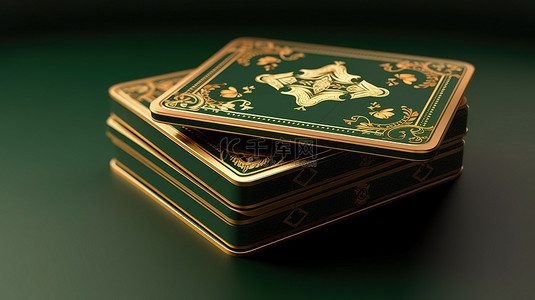 绿色背景下赌场概念的孤立黑色和金色扑克牌的 3D 插图