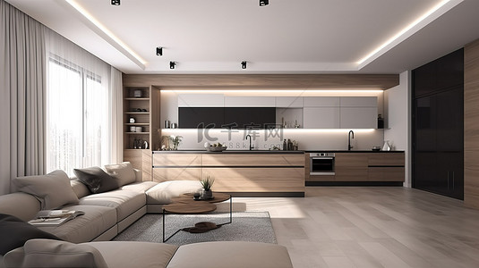 浴室厨房背景图片_3d 渲染中的当代生活空间和厨房内部