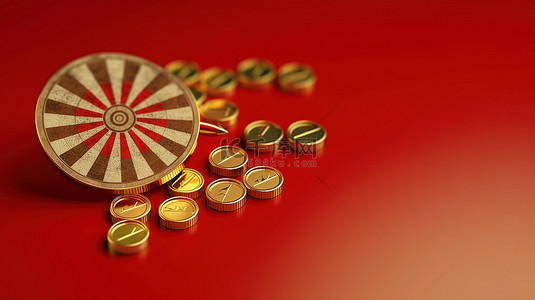 成功的商业策略 3D 渲染金币和飞镖击中红色目标