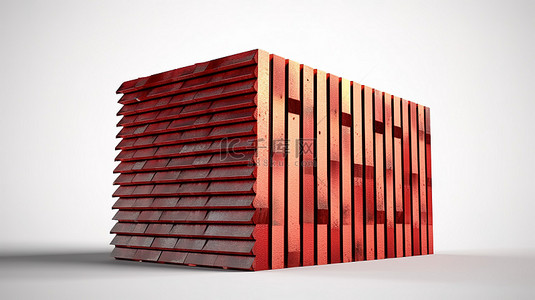 空中支撑红色波纹金属板的木框架的 3D 插图