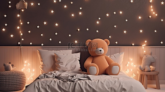 墙上装饰背景图片_卧室里可爱的泰迪熊，墙上装饰着星空 3D 渲染图