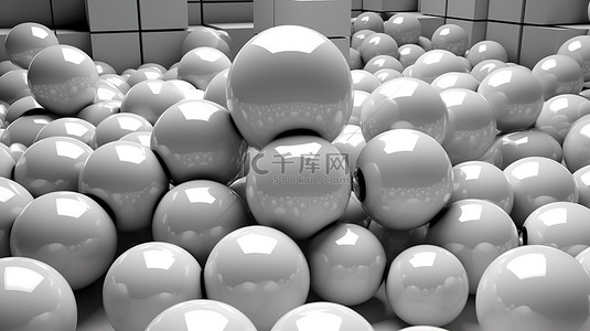 分组背景背景图片_白色分组中光泽球体和立方体的单色 3D 渲染