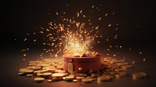 礼物盒背景背景图片_钱币爆炸的插图，背景中有一个礼品盒，象征着繁荣奖金赢得大奖和赌场