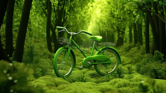 自行车背景图片_森林中的绿色自行车可持续发展的 3D 世界