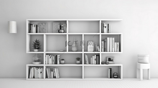 现代家庭办公室的时尚书架，配有优雅的白墙 3D 渲染