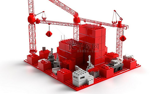在白色背景 3D 渲染上使用塔式起重机构建成功的商业红色立方体策略