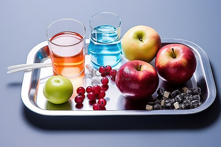 医疗背景图片_午餐托盘，配有苹果葡萄杯和药物