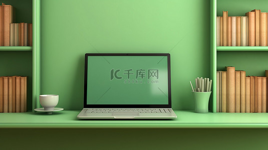 绿色电脑背景背景图片_绿色架子背景横幅上笔记本电脑的 3d 插图