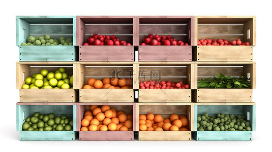 草药背景背景图片_色彩缤纷的空置木制蔬菜架，带有 3D 板条箱，隔离在白色背景上