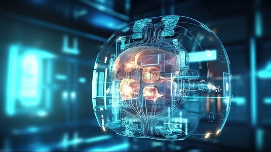 机器人实验室背景图片_革命性的医疗技术 3D 渲染的机器人在图形界面上显示大脑 X 射线