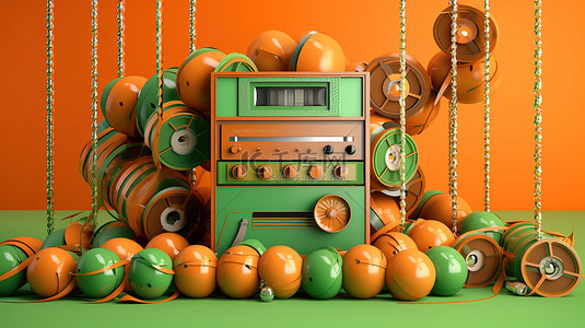 音乐播放器背景背景图片_彩色磁带和球的展示，中间有一个绿色磁带播放器，在橙色背景上以 3D 渲染