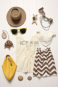 服装背景图片_白色木质背景中的海滩配饰和服装