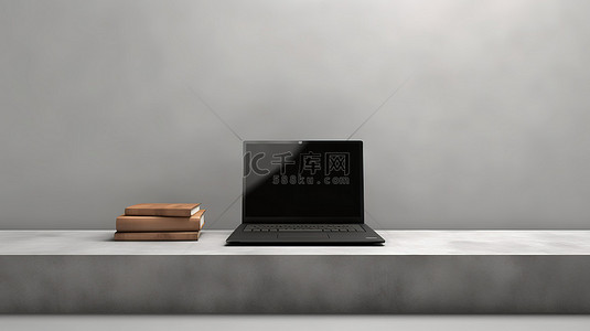 时尚的笔记本电脑坐落在灰色架子上 3D 渲染的方形背景